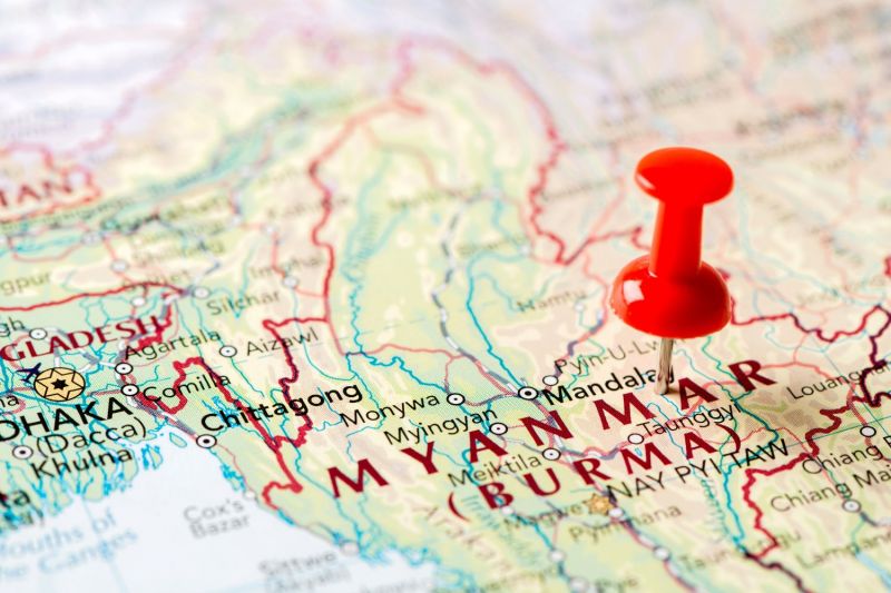 World map showing Myanmar