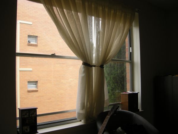 The image likely depicts a bedroom or a living room. It shows a view from inside a room through a window with sheer curtains. A pigeon standing is visible on small window on the brick wall.