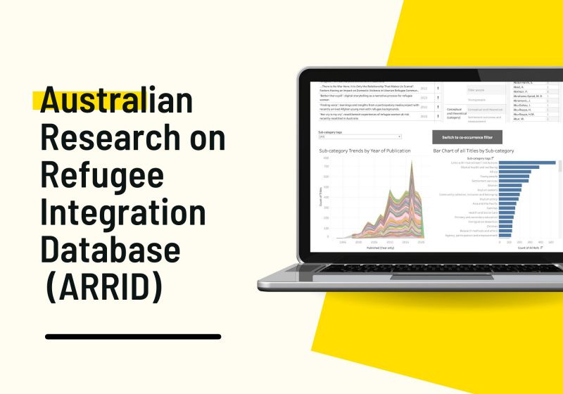 Banner with ARRID is black text on yellow background. A laptop is showing a graph from the database