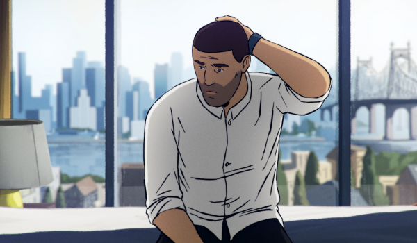 Cartoon of man in white shirt in front of a window. A city skyline can be seen in the distance