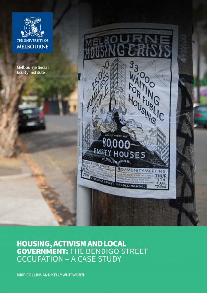 Report Cover – Housing, Activism and Local Government. Background image is a poster on a street poll with the heading Melbourne Housing Crisis 
