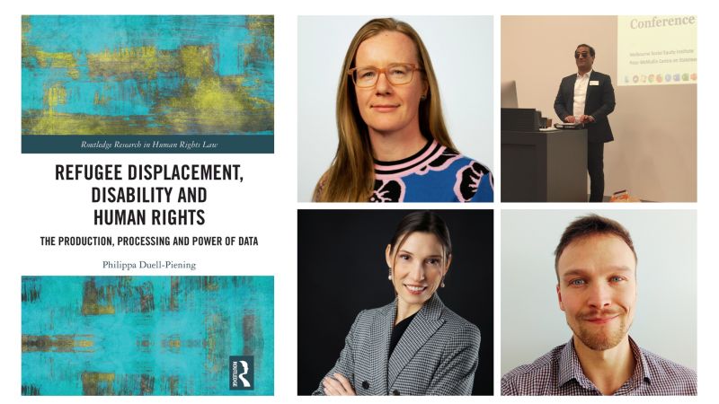 Collage with Refugee Displacement, Disability and Human Rights book cover and headshots of the four speakers
